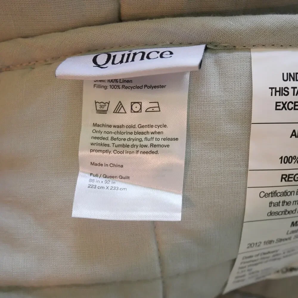 NEW Quince European Linen Box Quilt Only MIST Full Queen  NO SHAMS
